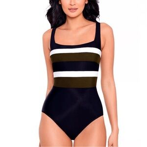 New Miraclesuit Black and White One Piece with High-Cut Leg Openings